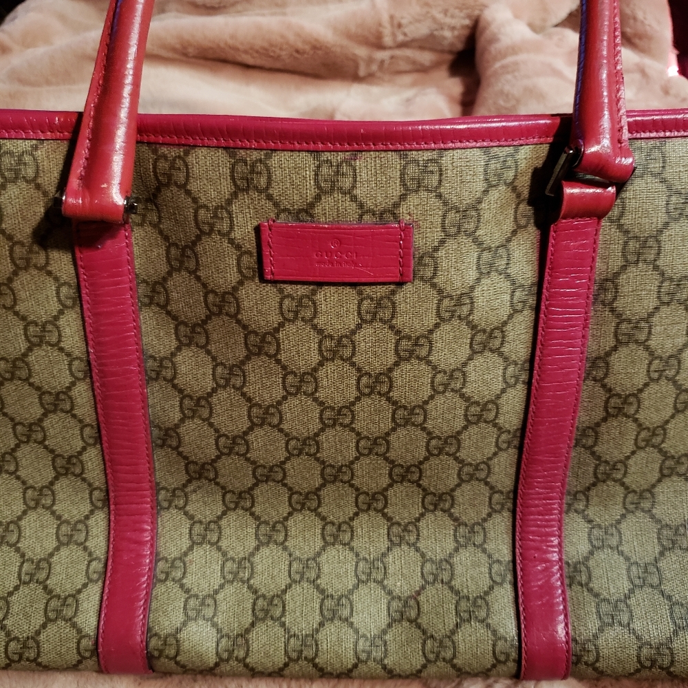 Authentic GUCCI brown and fushia GG logo canvas tote
